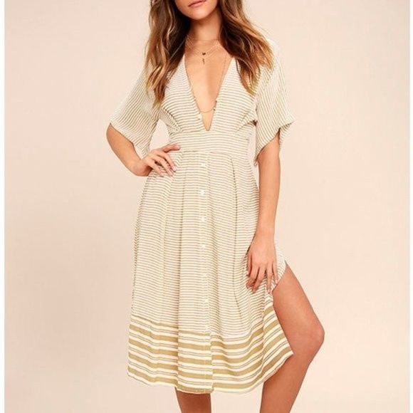Faithfull the Brand Cream and Tan Striped Midi Dress - Picture 1 of 13